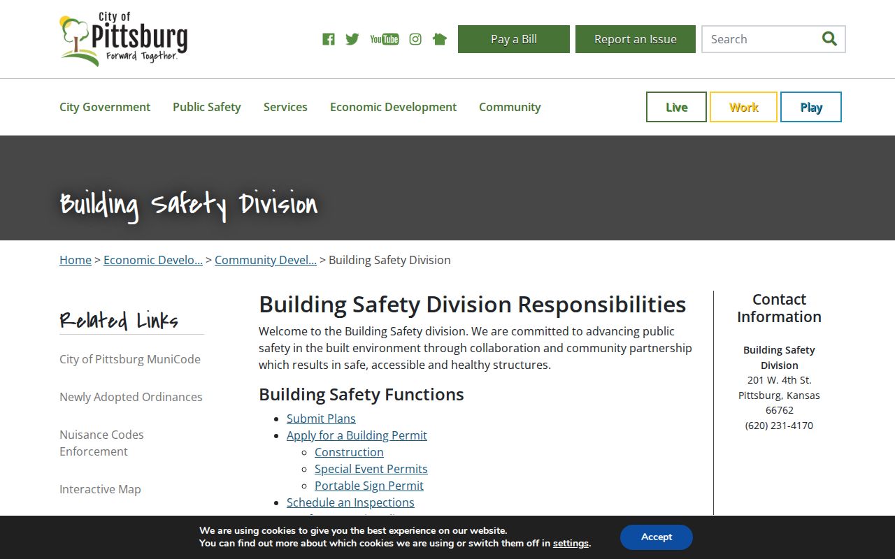 Pittsburg Building Safety page for current address and permit context