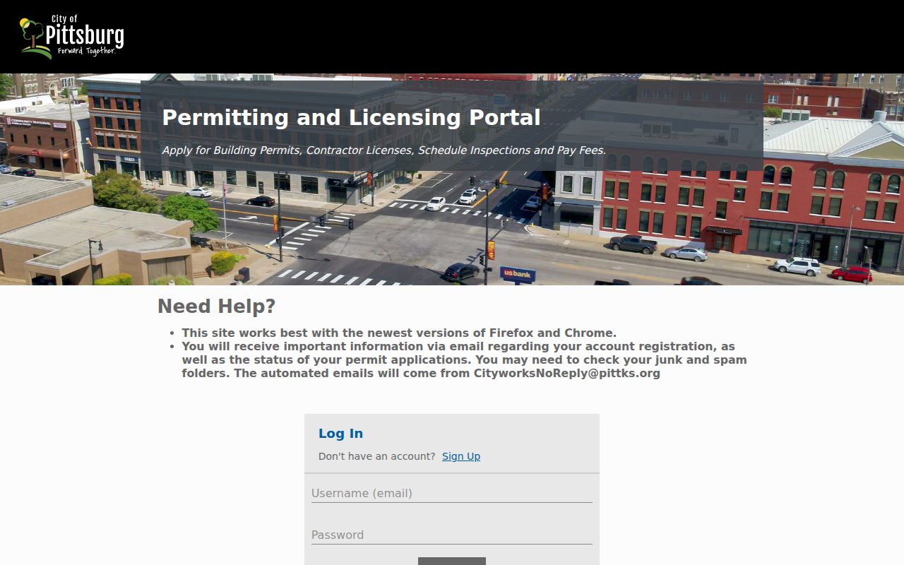 Pittsburg Cityworks portal for current municipal applications