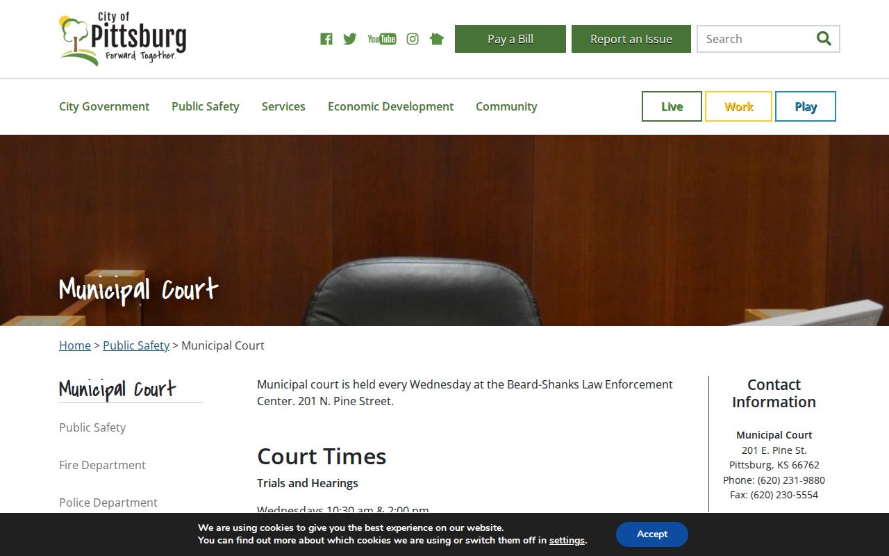 Pittsburg Municipal Court page showing the clerk-centered records route