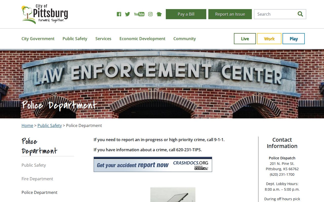 Pittsburg Police Department official records contact page
