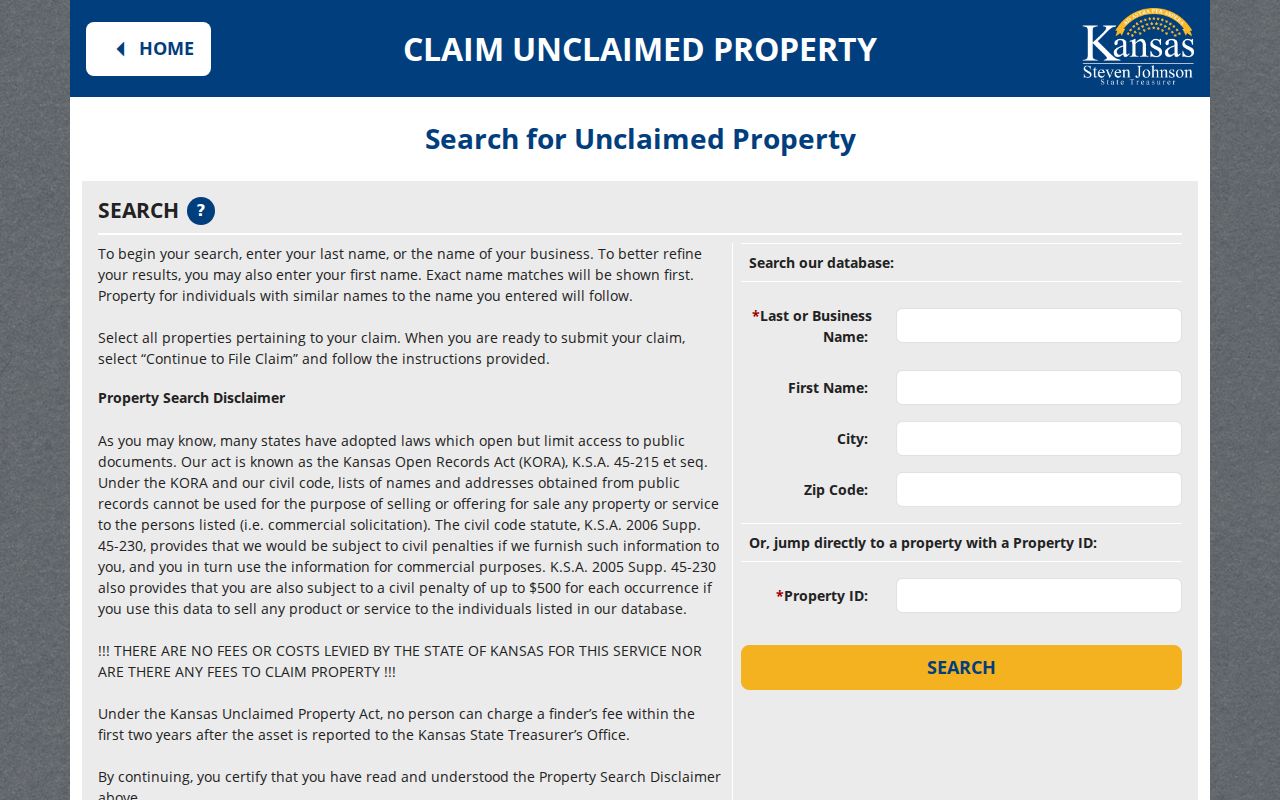 Kansas Missing Money official unclaimed property search
