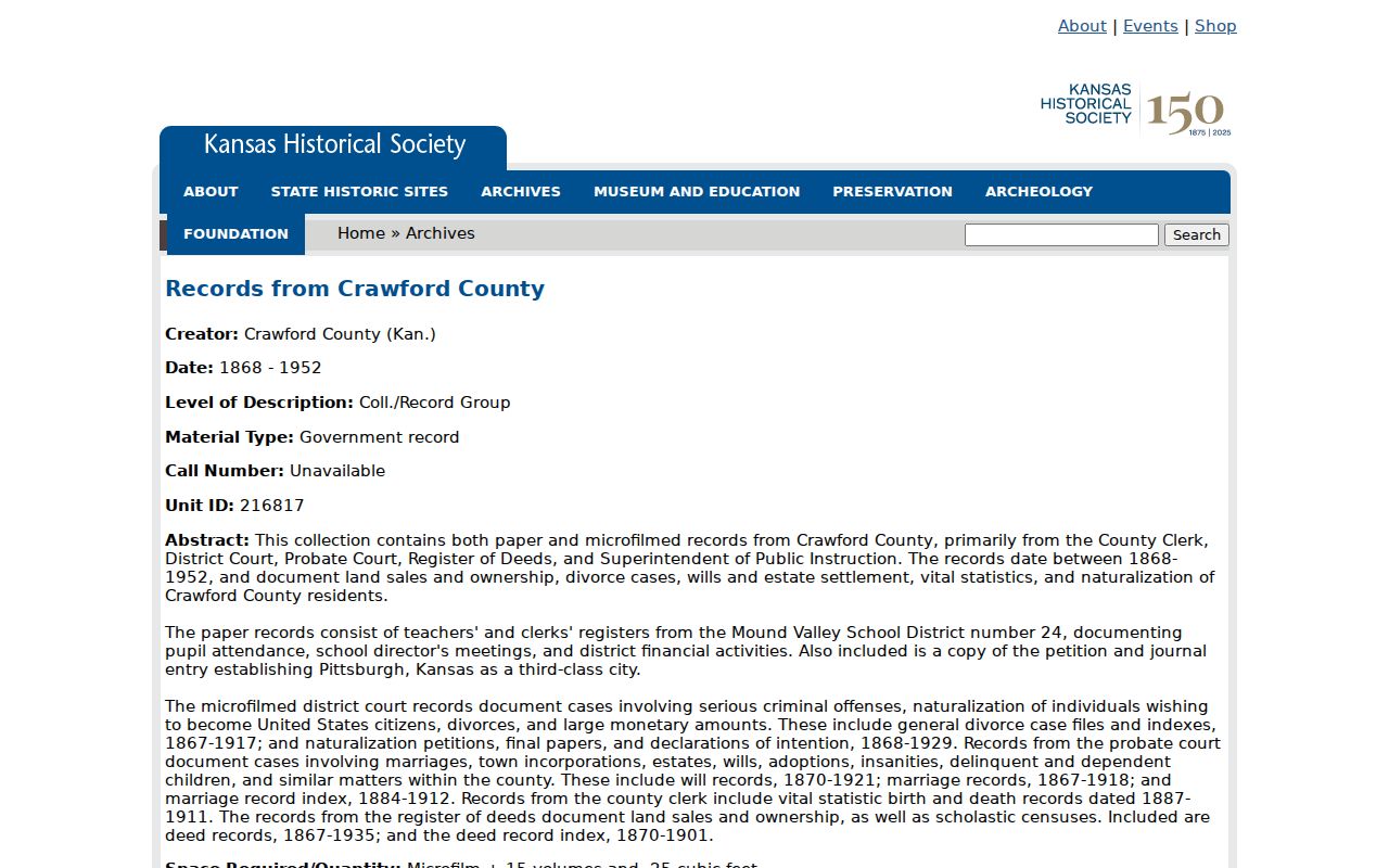 Kansas State Archives Crawford County collection description