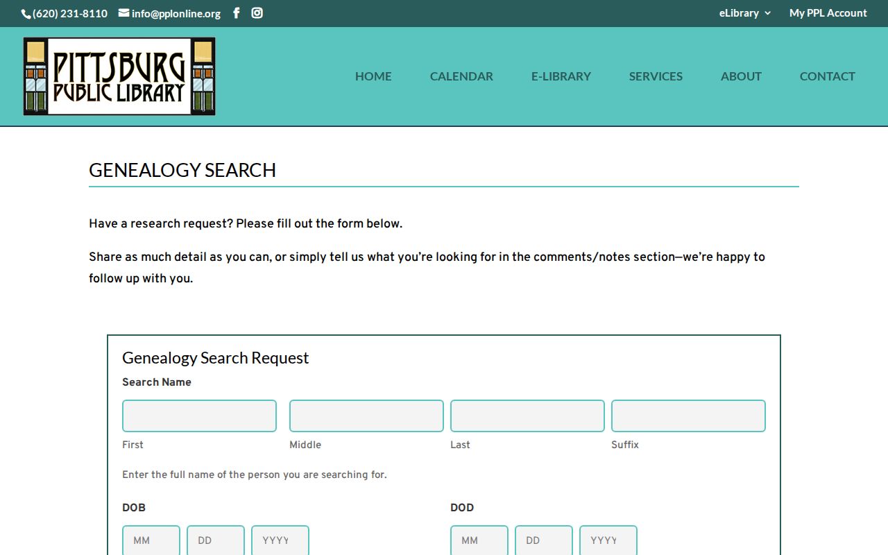 Pittsburg Public Library genealogy research request form
