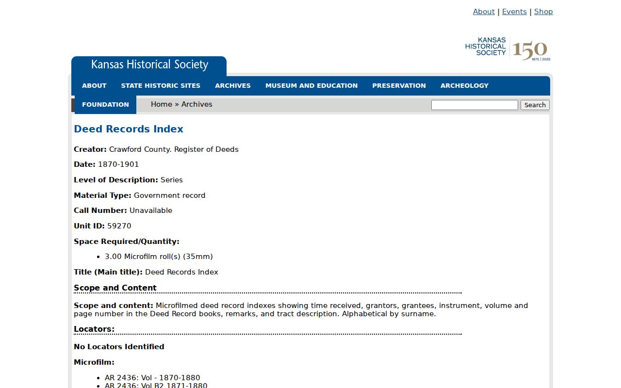 Kansas State Archives Crawford County historic deed index page