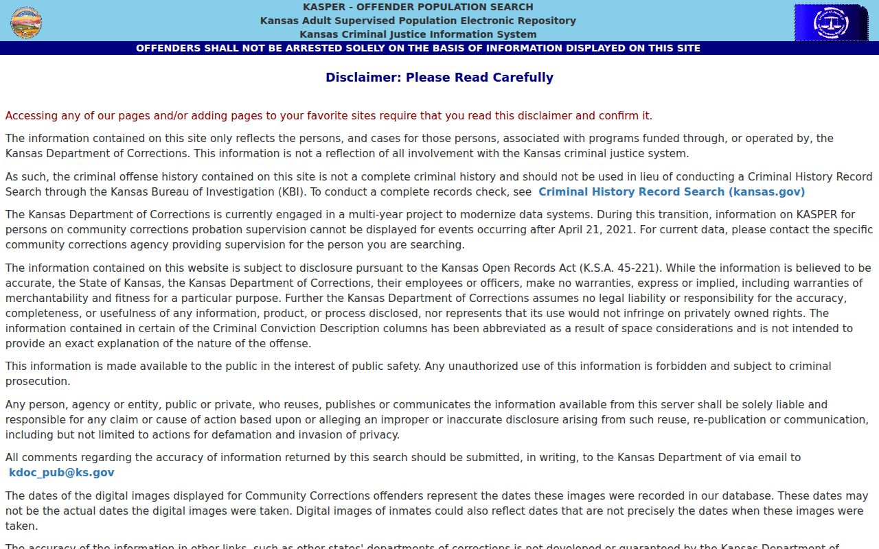 KASPER search gateway disclaimer for Kansas custody records